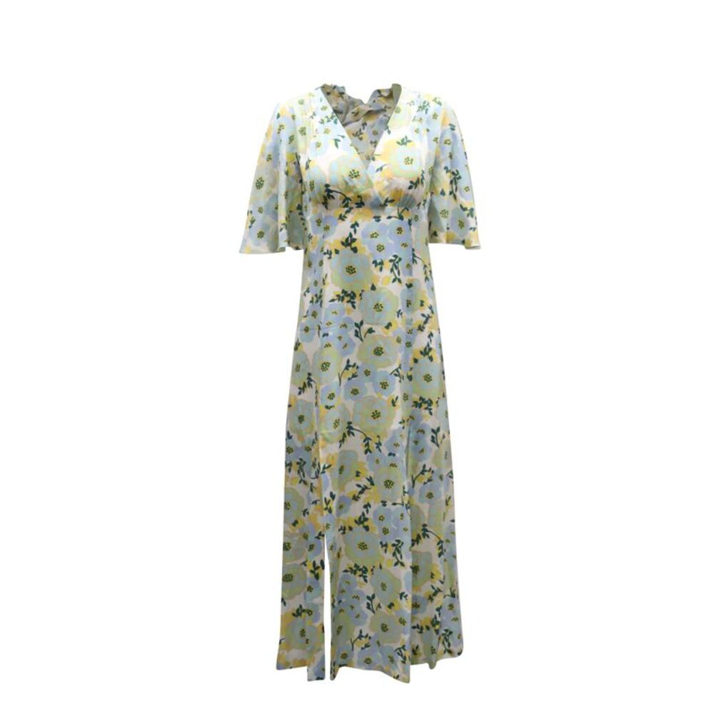 Sandro Paris Bell Sleeve V-neck Floral Midi Dress in Light Blue Silk Chiffon